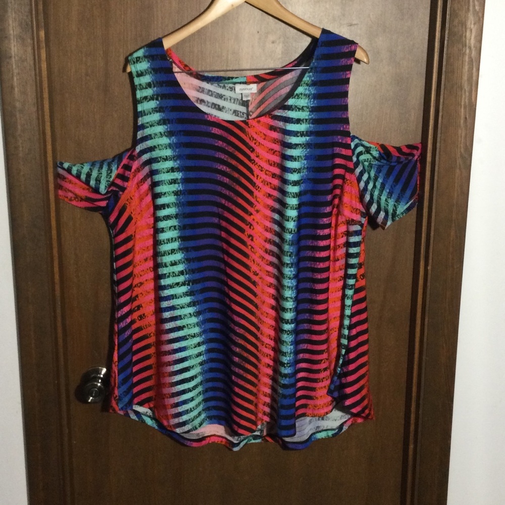 Avenue Size 20 Black & Neon Stripe Cold Shoulder Top